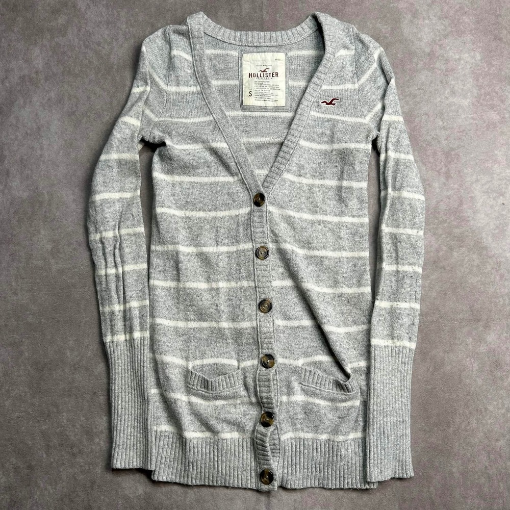 Hollister Grey White Striped Longline Cardigan Sweater Rabbit Hair Blend Small